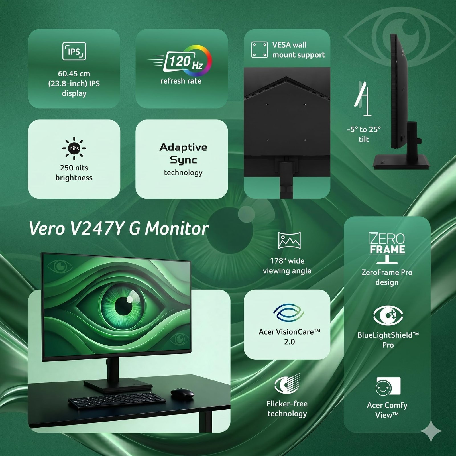 Vero V247Y G 23.8 Inch Full HD IPS Monitor I 120Hz Refresh, AdaptiveSync I 99% sRGB, 1500:1 Contrast I 2x2W Speakers I HDMI +VGA I ZeroFrame I VisionCare 2.0 I VESA I Energy Star I Black