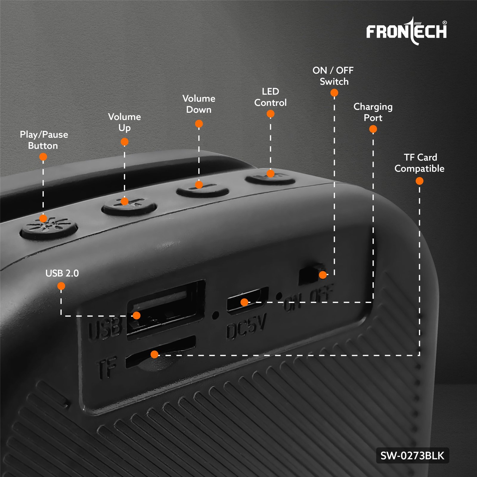 15W Portable Wireless Multimedia Speaker with Bluetooth 5.3, FM, USB, TF Card, Mobile Holder, RGB LED Lights, 6 Hrs Playback, 1000mAh Battery, 1 Year Warranty (SW-0273BLK)