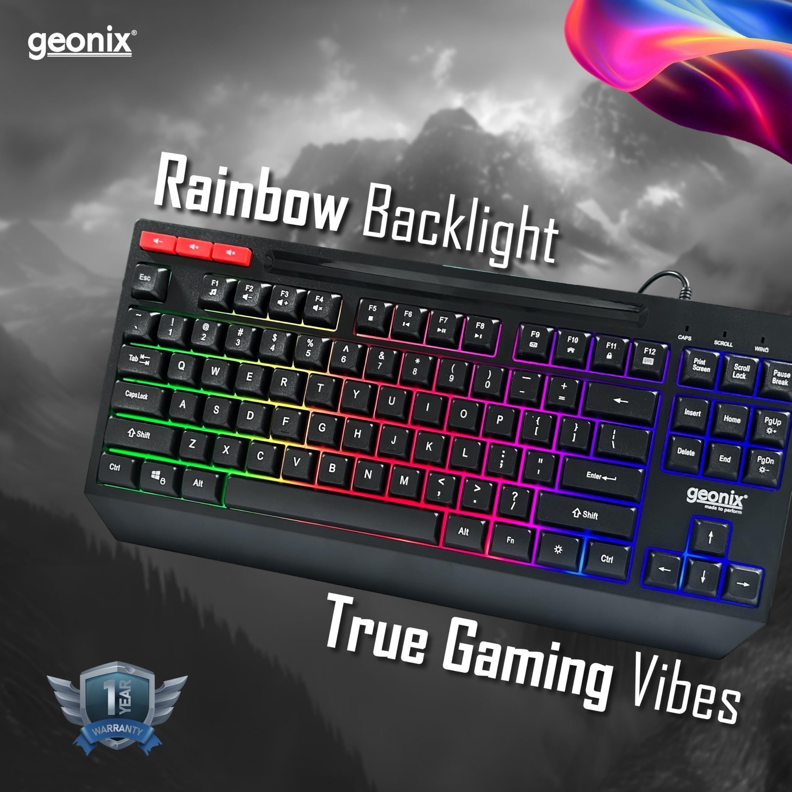 Cruiser K2 Multi Function Gaming Keyboard with 90 Keys Including 3 Dedicated Multimedia Keys, Rainbow Backlight, Spill Resistant, PVC Cable, Durable Body (Black)