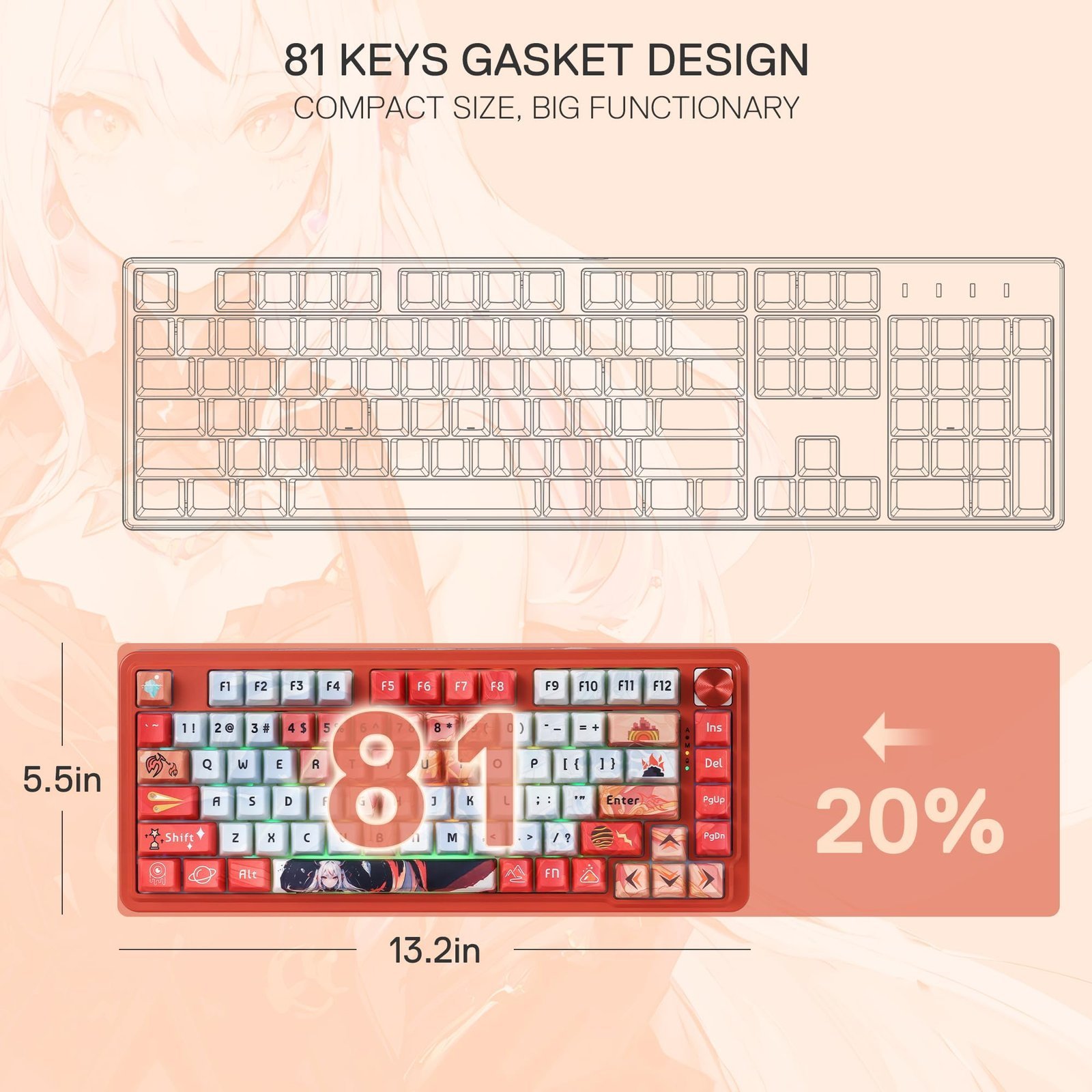 K673 PRO SE 75% 81 Keys Wireless Gasket RGB Gaming Keyboard, 3-Mode Anime Mechanical Keyboard w/Hot-Swap Socket, Dedicated Knob Control & 5-Layer Noise Dampening, Custom Hi-Fi Linear Switch