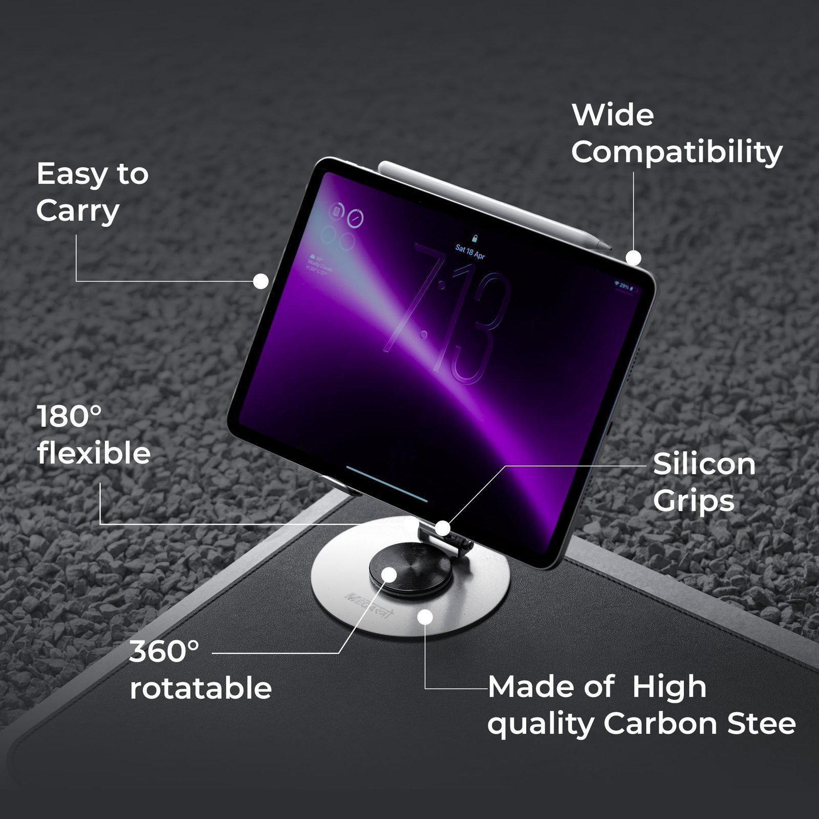 Tablet Stand | Heavy Duty |Carbon Steel, 360° Rotation, 180° Tilt | Foldable, Ergonomic Design | Universal Compatibility for iPad, Samsung, Lenovo, OnePlus & All 7–13" Tablets