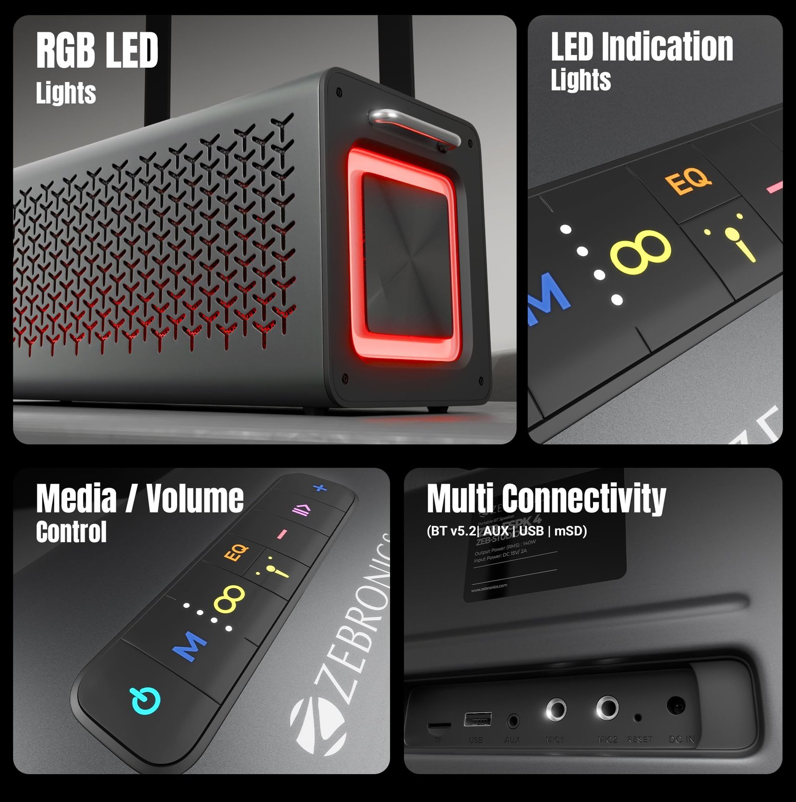 Studio R3, Portable Bluetooth Speaker, 140W RMS, 6 Drivers + Dual Passive Radiators, 3EQ Modes, Upto 13 Hrs Playback, 6000mAh Battery, BT v5.2| USB | AUX | mSD, TWS, Wired Mic, Metal Finish
