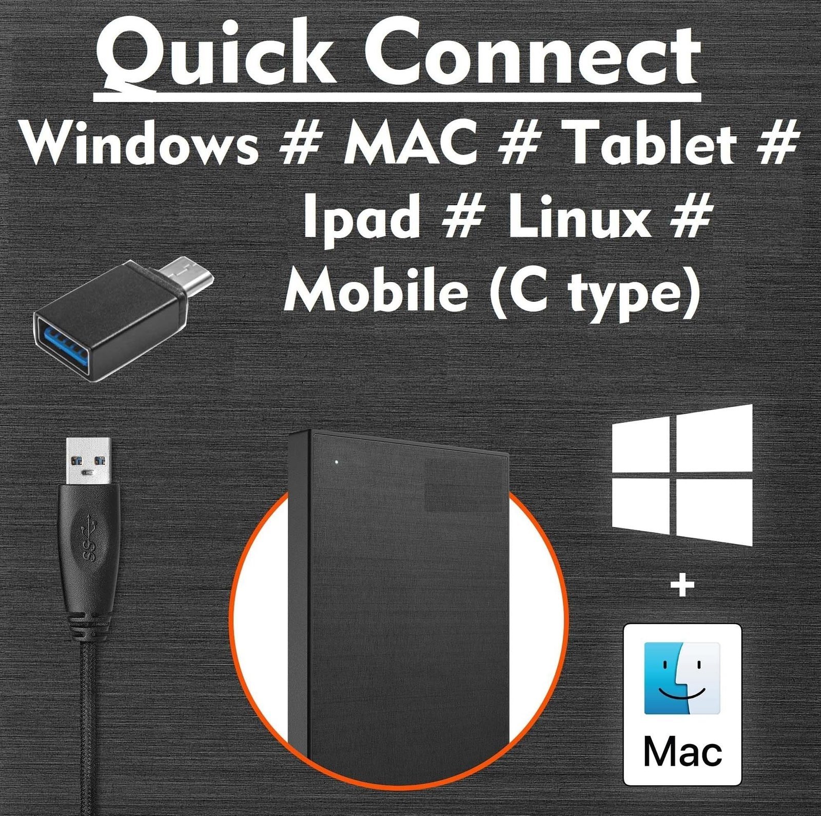 Portable 500GB Hard Disk 2-in-1 Type C & USB 3.0 High Speed Ultra Slim Hard Drive - Compatible with Laptop, Mac, PC,iPad, Tablet, PS4, Mobile (Black) - 500gb Slim Compact Drive (HDD Backup Drive)